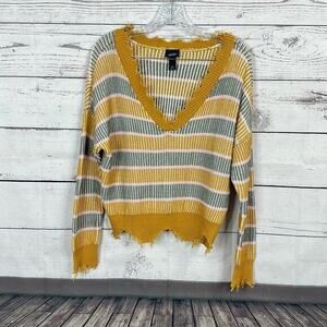 Daytrip Sweater Womens Medium Yellow Mustard‎ Striped Fringe Boxy Knit Slouchy